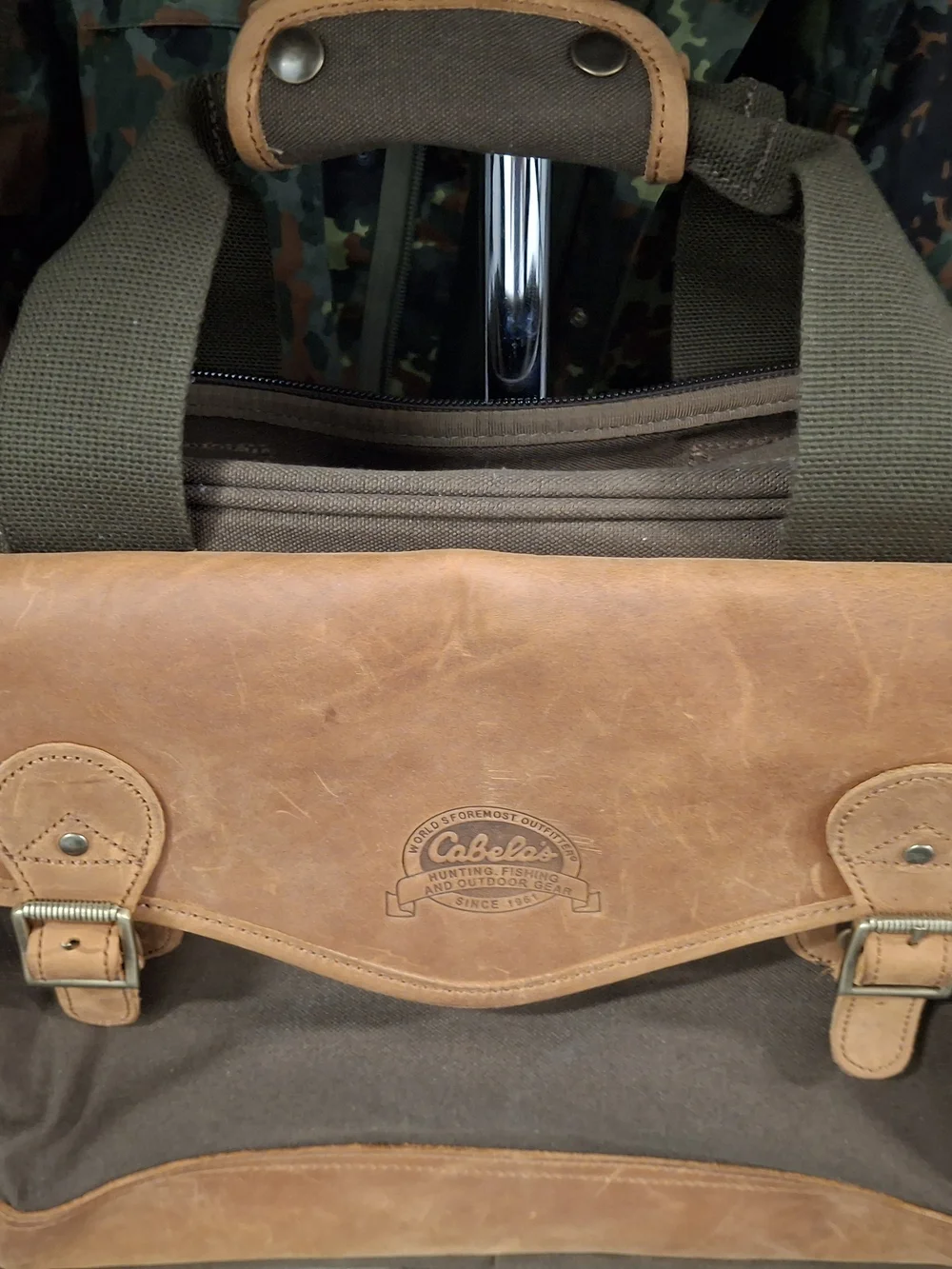 Cabela's Brown Leather & Olive Canvas Messenger Bag
